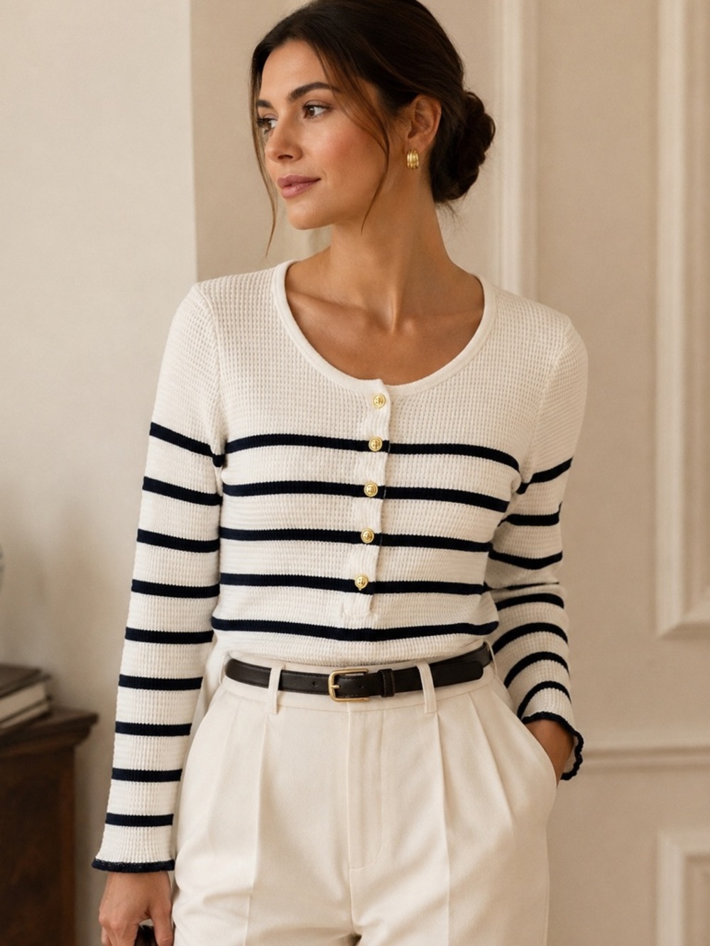 J.Crew 100% Cotton Waffle Knit Breton Stripe Sweater XS/S Navy & Ivory Coastal